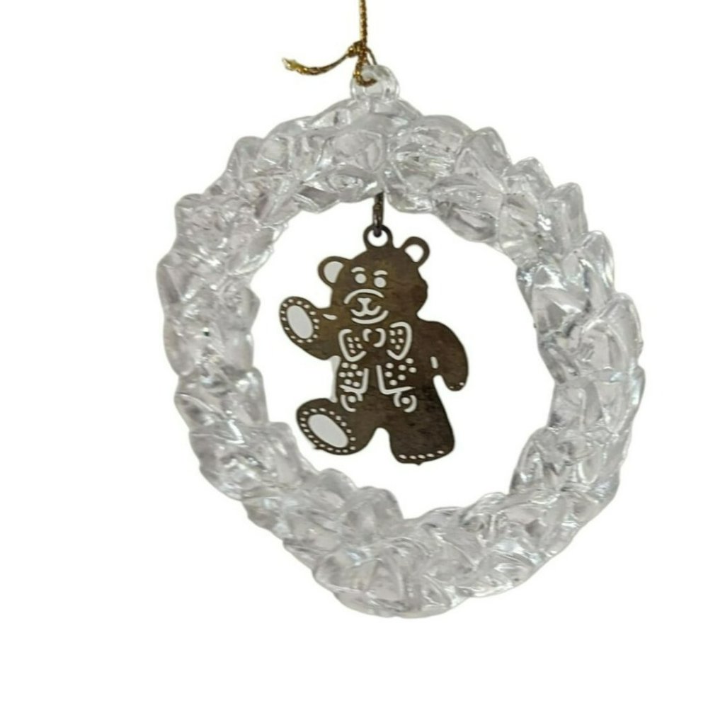 Vintage Clear Plastic Wreath With Brass Teddy Bear Christmas Ornament